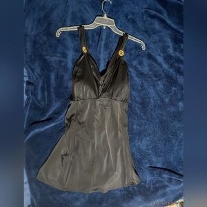 NWT Jaclyn Smith Women's 24W Black/Gold Criss Cross Back Halter Top Swim Dress